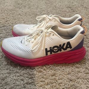 Hoka White and Pink Athletic Shoes with Chunky Sole and Breathable Upper